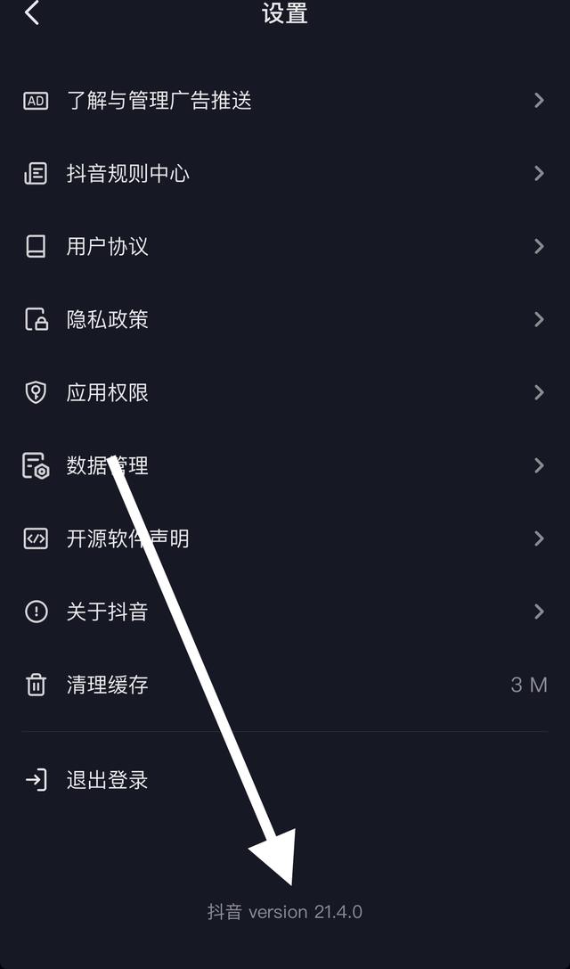 进去设置页面后，滑动屏幕到底部，找到抖音版本名