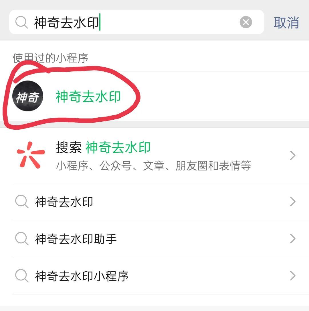 打开微信，在搜索栏输入神奇去水印，然后点击神奇去水印