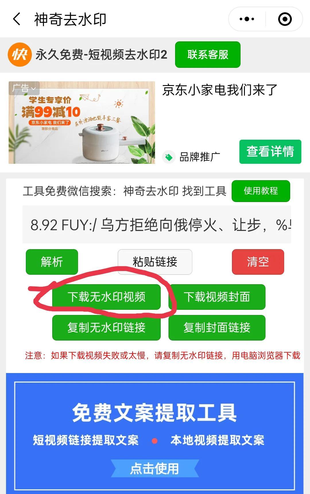 分析完成后，点击下载无水印视频