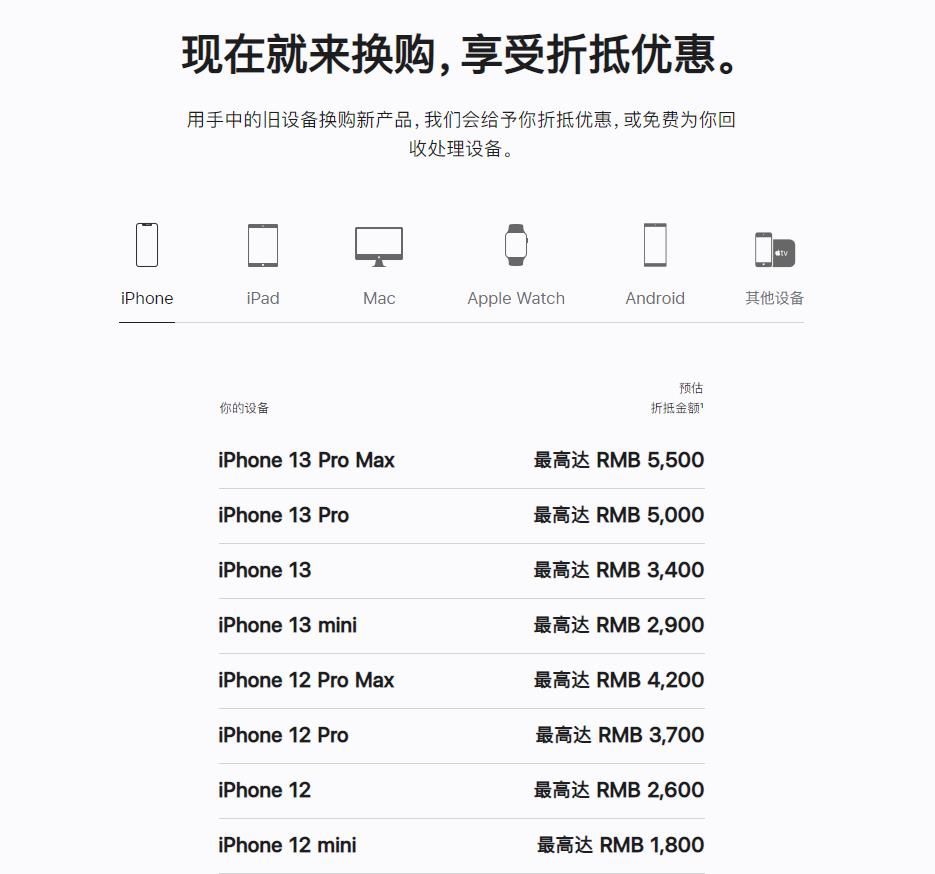 苹果手机换新价格表